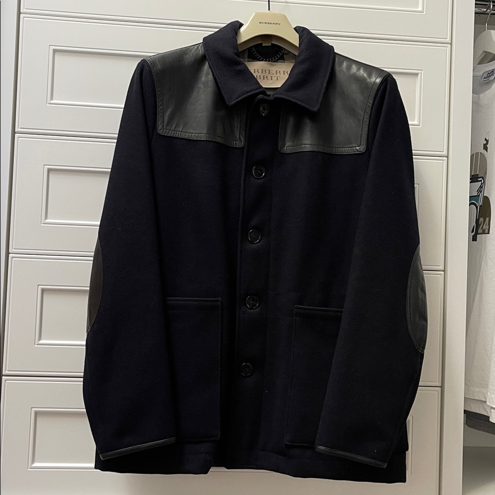 BURBERRY BRIT Men's Wool Leather Jacket Size XXL Navy